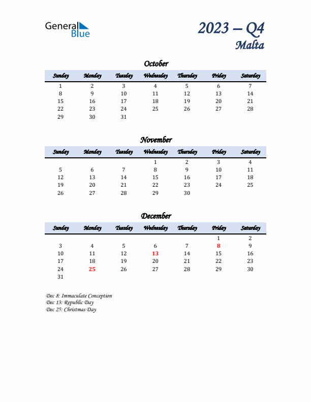 October, November, and December Calendar for Malta with Sunday Start