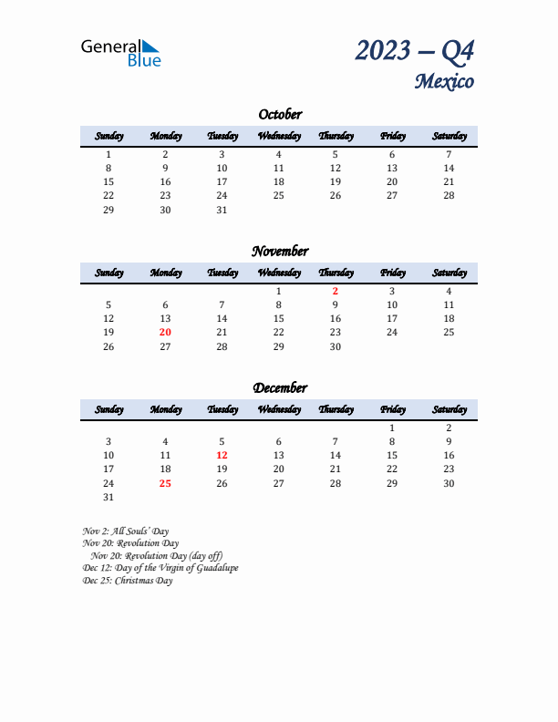 October, November, and December Calendar for Mexico with Sunday Start