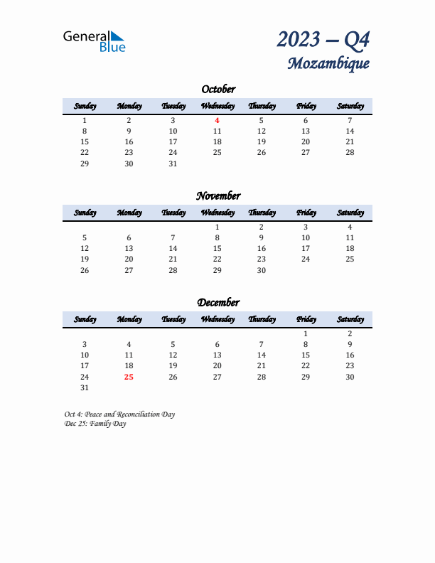 October, November, and December Calendar for Mozambique with Sunday Start