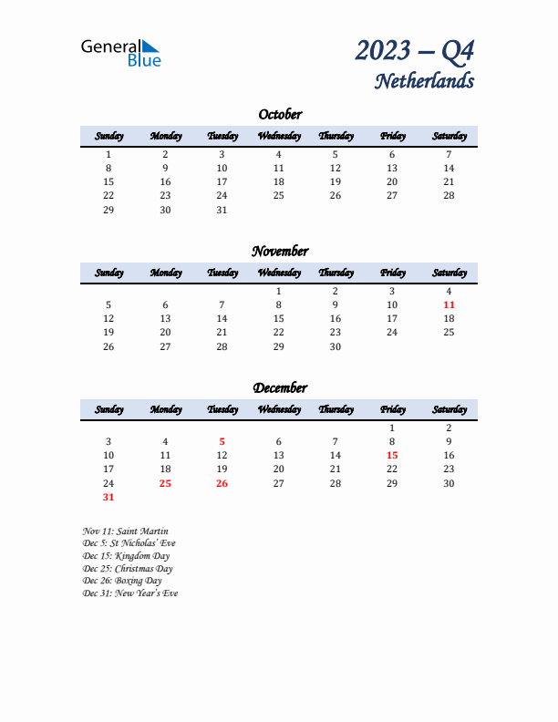 October, November, and December Calendar for The Netherlands with Sunday Start