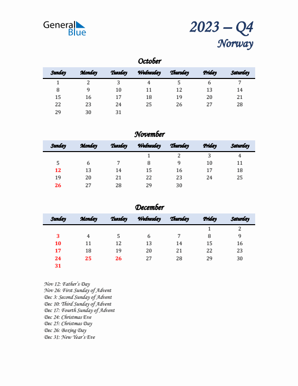 October, November, and December Calendar for Norway with Sunday Start