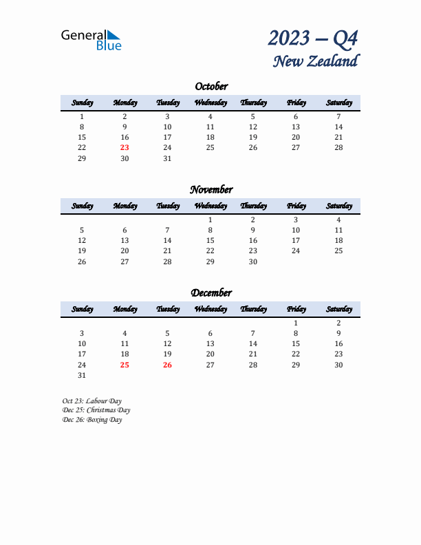 October, November, and December Calendar for New Zealand with Sunday Start