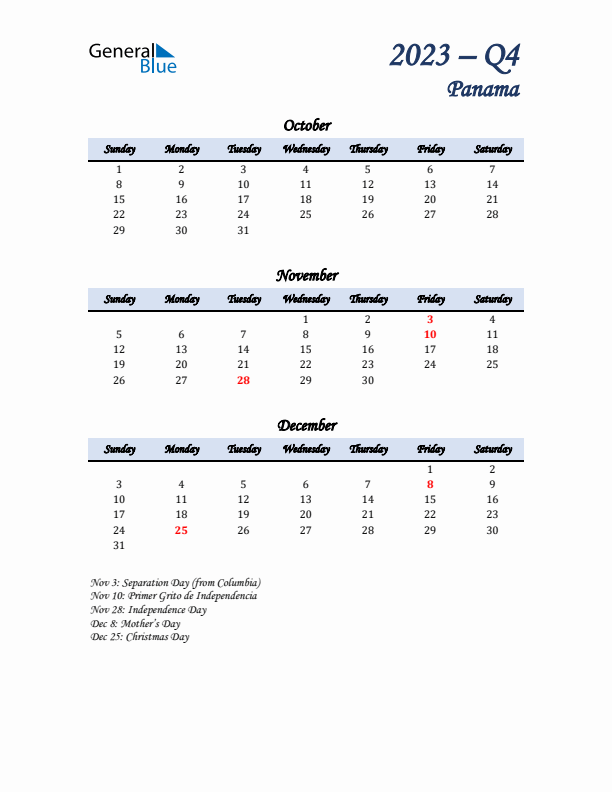 October, November, and December Calendar for Panama with Sunday Start