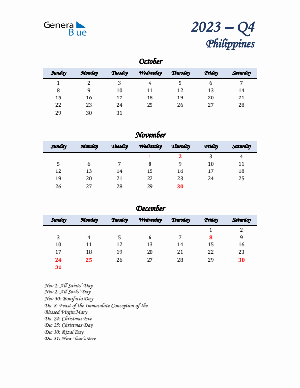 October, November, and December Calendar for Philippines with Sunday Start