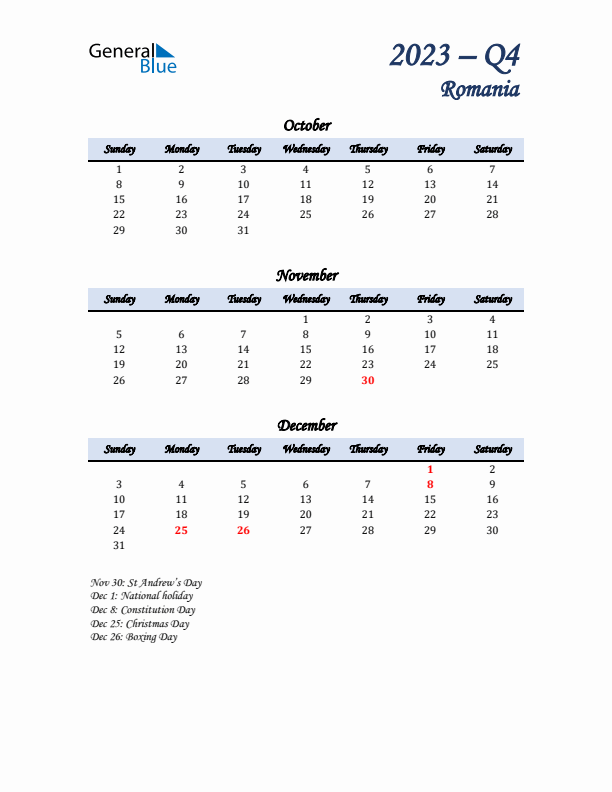 October, November, and December Calendar for Romania with Sunday Start