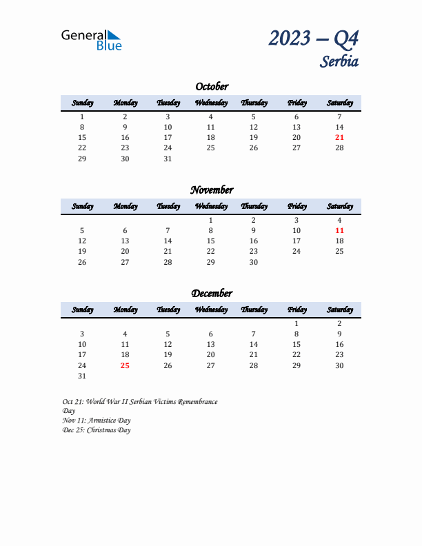 October, November, and December Calendar for Serbia with Sunday Start