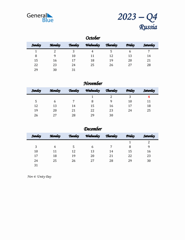 October, November, and December Calendar for Russia with Sunday Start