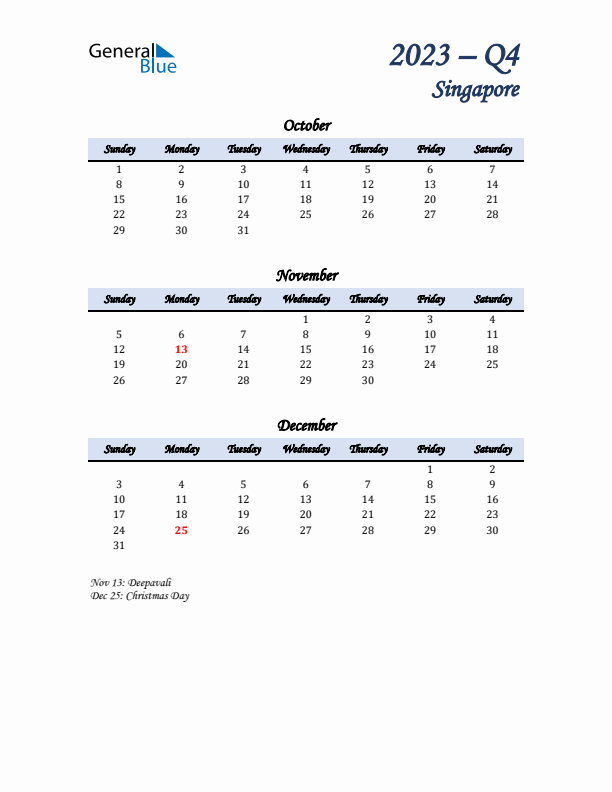 October, November, and December Calendar for Singapore with Sunday Start