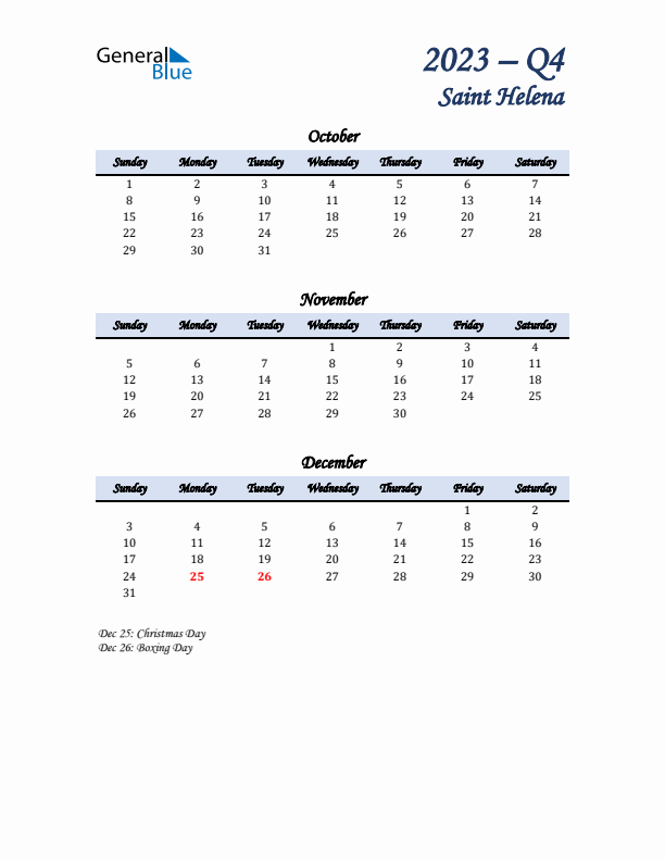 October, November, and December Calendar for Saint Helena with Sunday Start