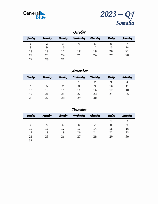 October, November, and December Calendar for Somalia with Sunday Start