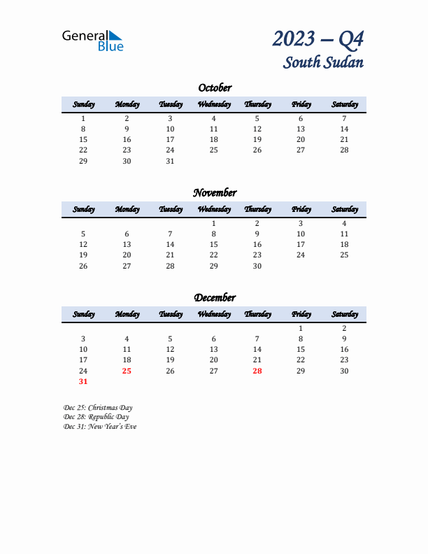 October, November, and December Calendar for South Sudan with Sunday Start