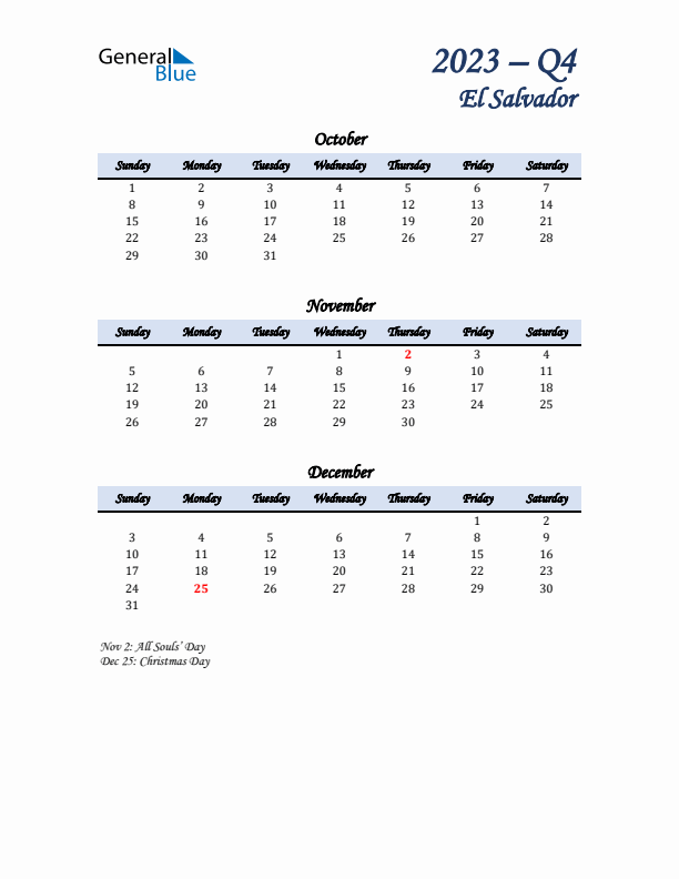 October, November, and December Calendar for El Salvador with Sunday Start