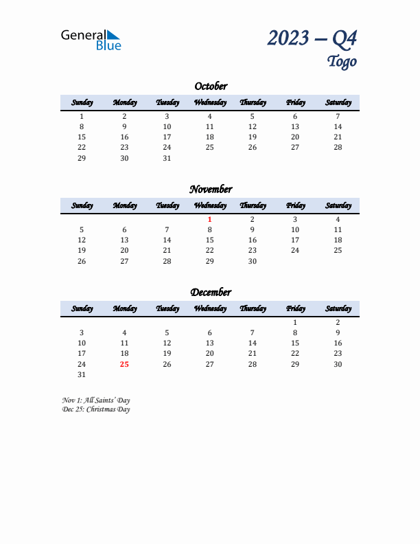 October, November, and December Calendar for Togo with Sunday Start