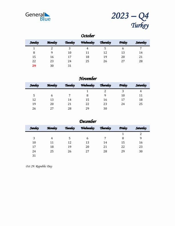 October, November, and December Calendar for Turkey with Sunday Start