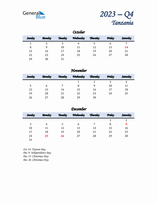 October, November, and December Calendar for Tanzania with Sunday Start