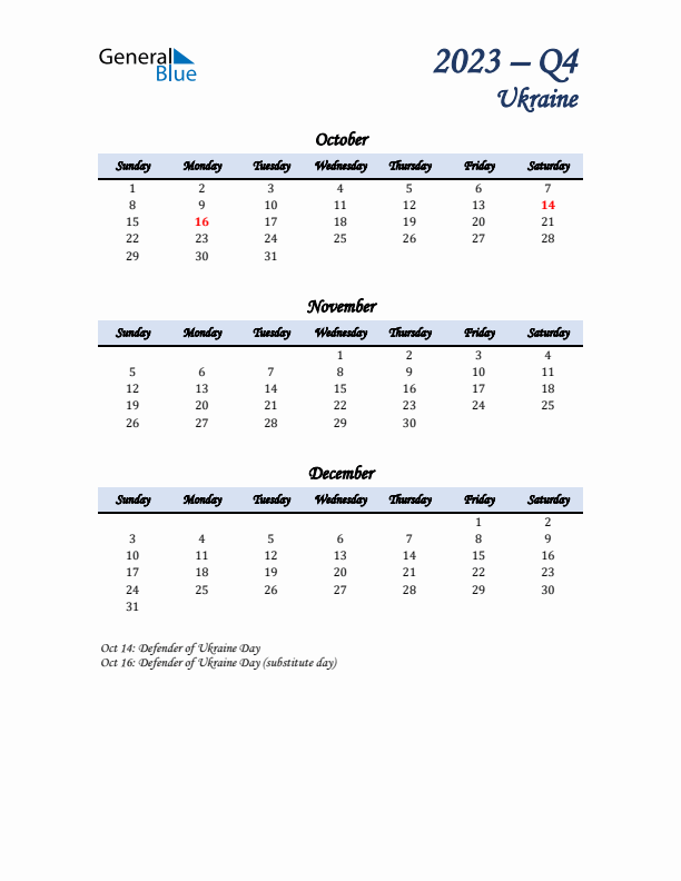 October, November, and December Calendar for Ukraine with Sunday Start