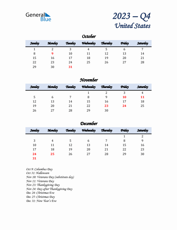 October, November, and December Calendar for United States with Sunday Start