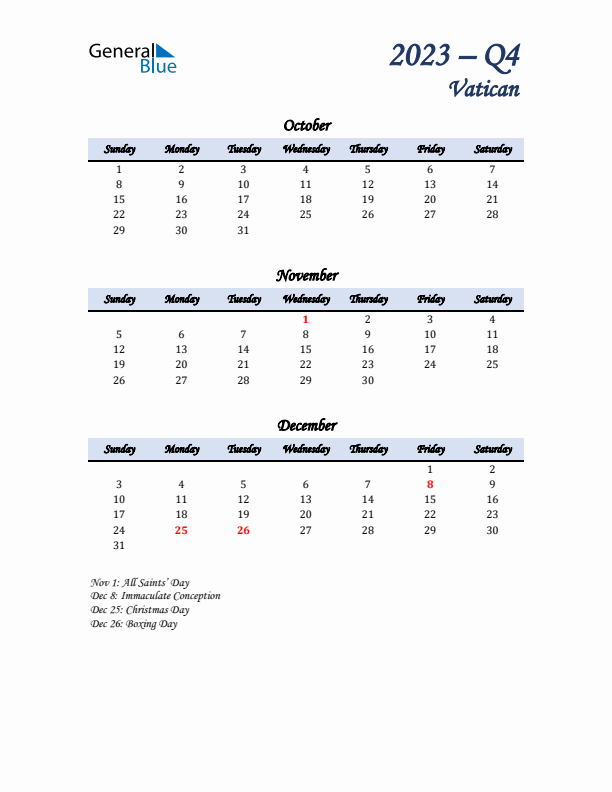 October, November, and December Calendar for Vatican with Sunday Start