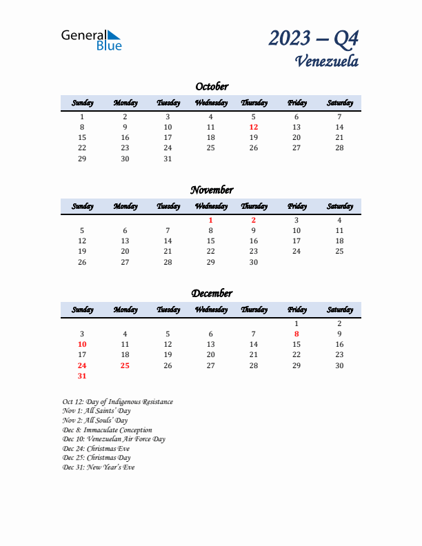 October, November, and December Calendar for Venezuela with Sunday Start