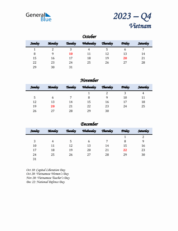 October, November, and December Calendar for Vietnam with Sunday Start