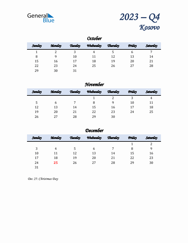 October, November, and December Calendar for Kosovo with Sunday Start