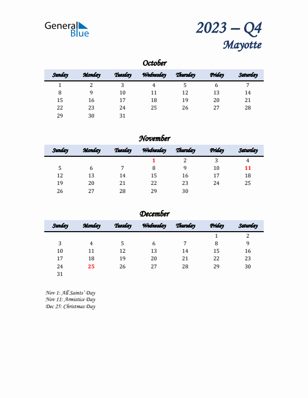 October, November, and December Calendar for Mayotte with Sunday Start