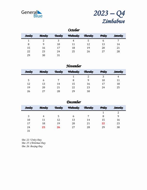 October, November, and December Calendar for Zimbabwe with Sunday Start