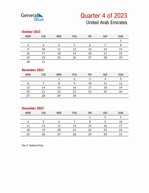 Printable Three Month Calendar with United Arab Emirates Holidays