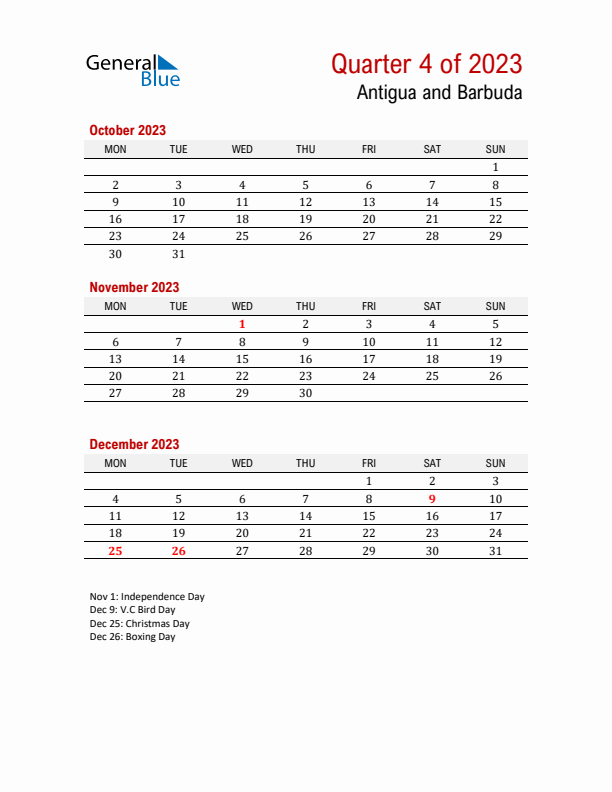 Printable Three Month Calendar with Antigua and Barbuda Holidays