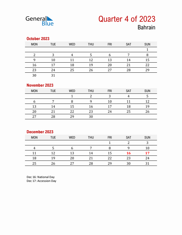 Printable Three Month Calendar with Bahrain Holidays