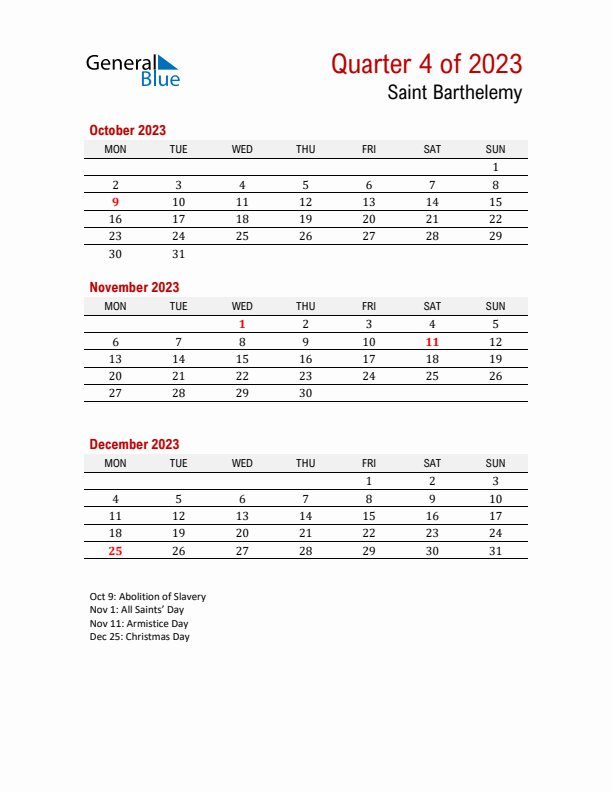 Printable Three Month Calendar with Saint Barthelemy Holidays