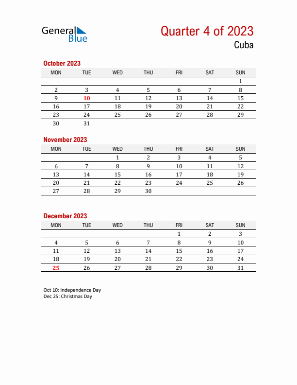 Printable Three Month Calendar with Cuba Holidays