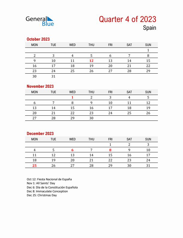 Printable Three Month Calendar with Spain Holidays