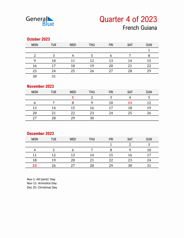 Printable Three Month Calendar with French Guiana Holidays