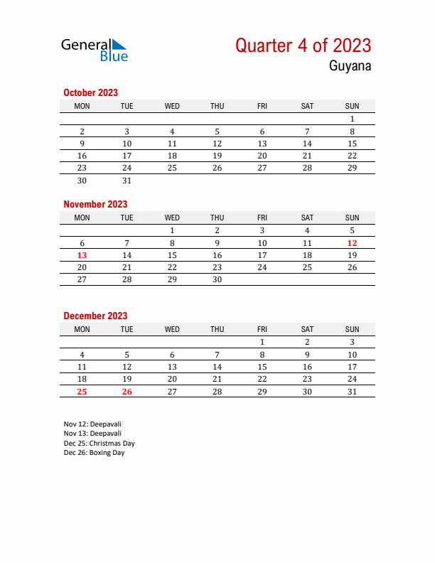 Printable Three Month Calendar with Guyana Holidays