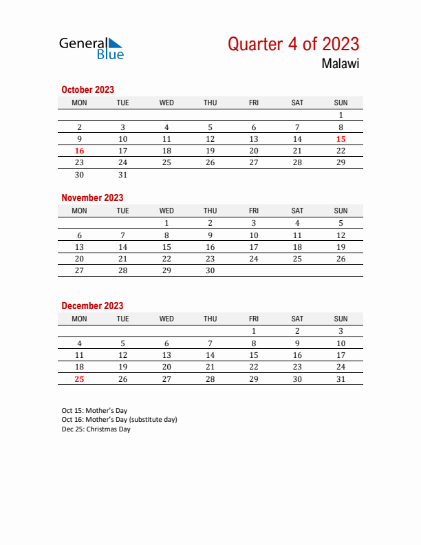 Printable Three Month Calendar with Malawi Holidays