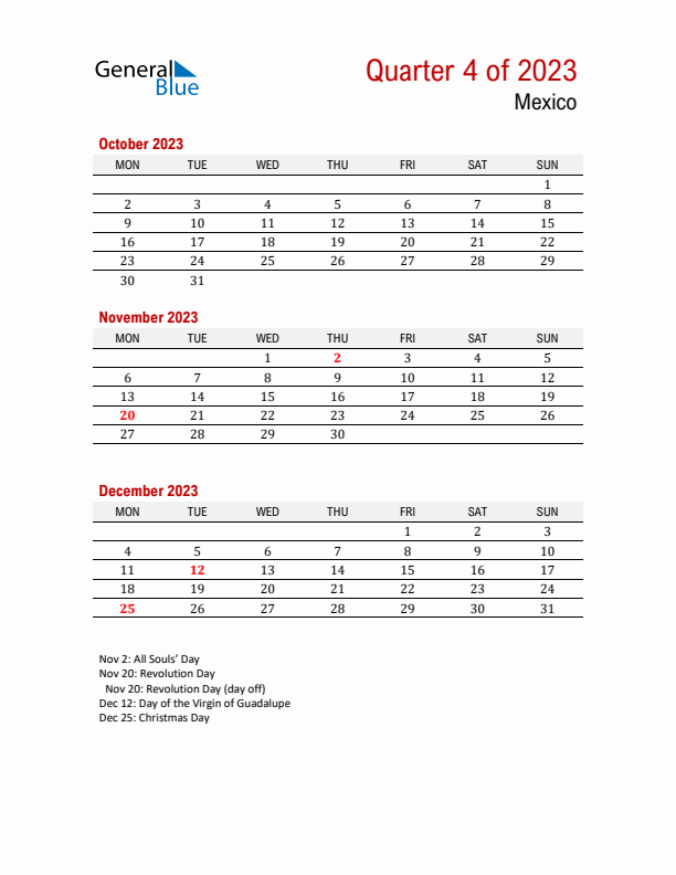 Printable Three Month Calendar with Mexico Holidays