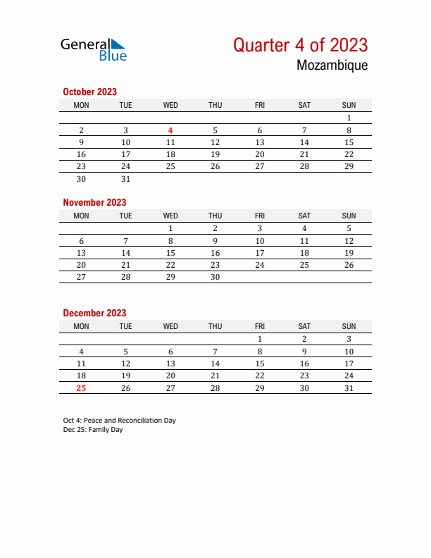 Printable Three Month Calendar with Mozambique Holidays