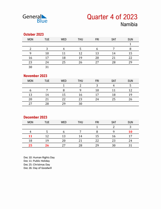 Printable Three Month Calendar with Namibia Holidays