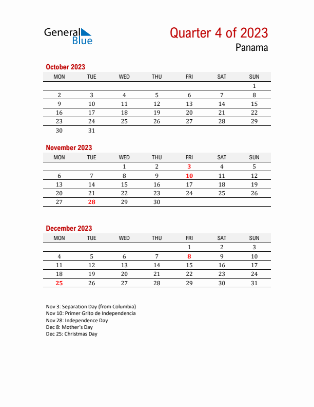 Printable Three Month Calendar with Panama Holidays