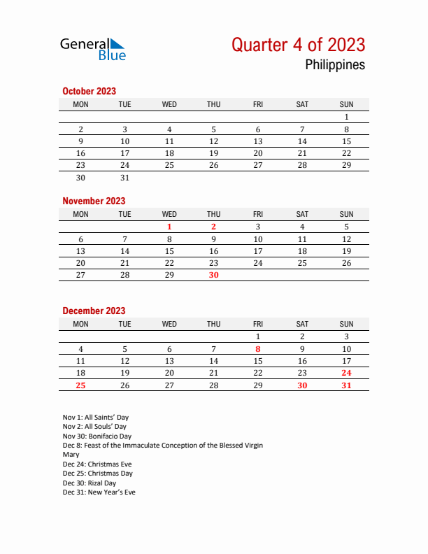 Printable Three Month Calendar with Philippines Holidays