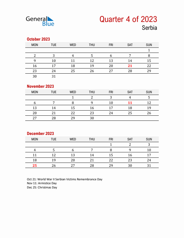 Printable Three Month Calendar with Serbia Holidays