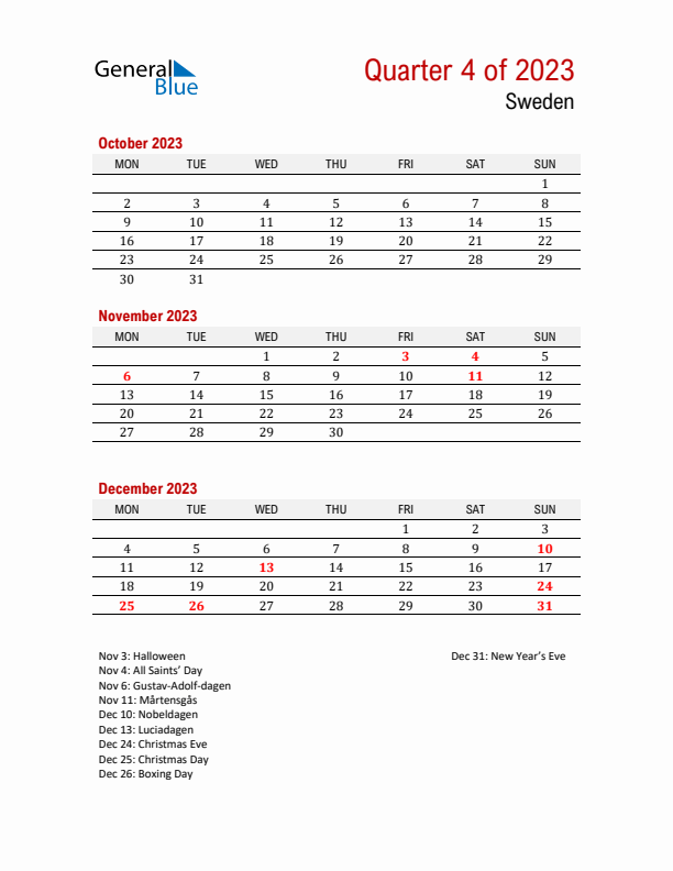 Printable Three Month Calendar with Sweden Holidays