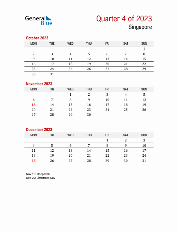 Printable Three Month Calendar with Singapore Holidays