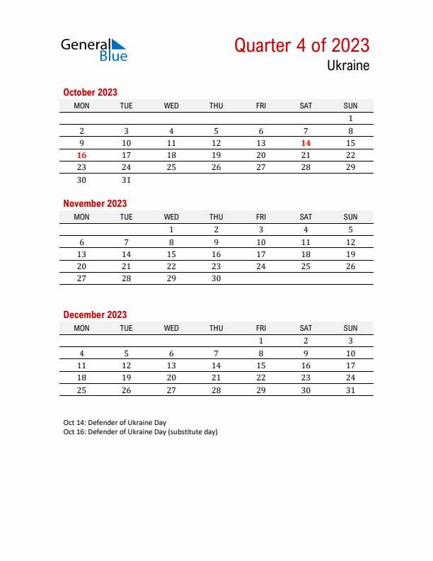 Printable Three Month Calendar with Ukraine Holidays