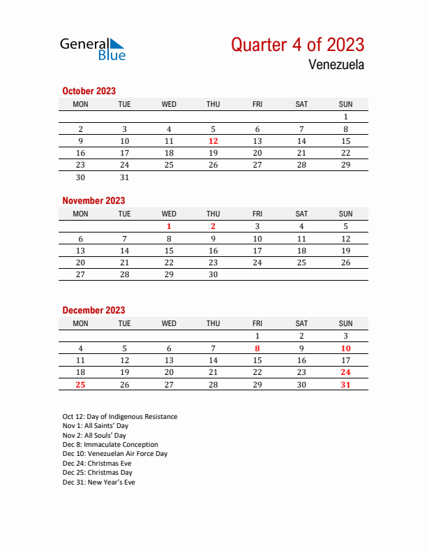 Printable Three Month Calendar with Venezuela Holidays