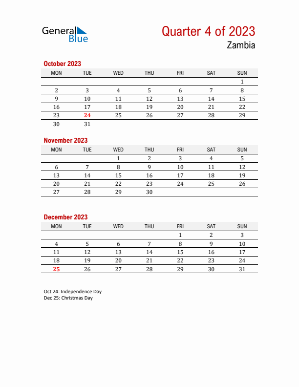 Printable Three Month Calendar with Zambia Holidays