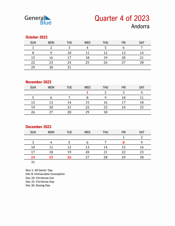 Printable Three Month Calendar with Andorra Holidays