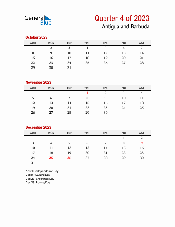 Printable Three Month Calendar with Antigua and Barbuda Holidays