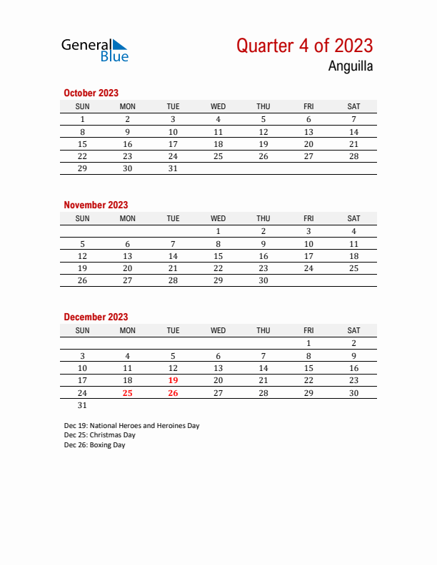 Printable Three Month Calendar with Anguilla Holidays